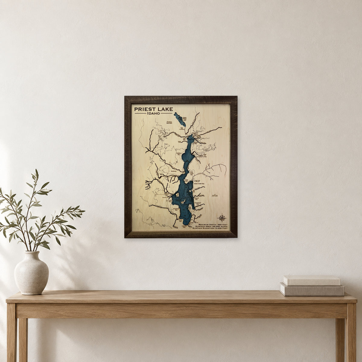 Priest Lake wood map — multilayer, staged room mockup
