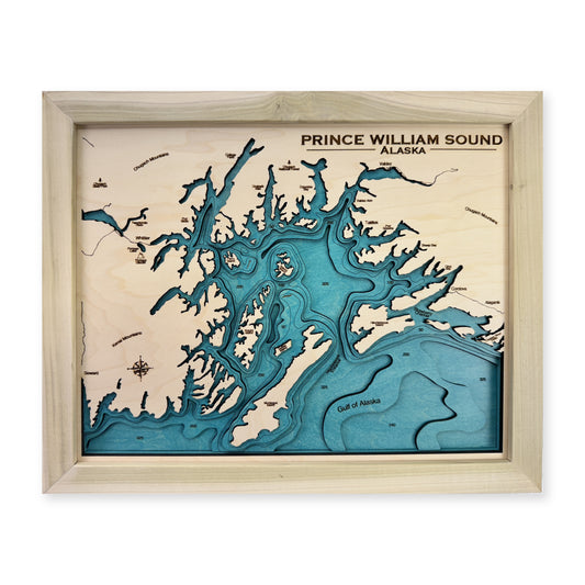 Prince William Sound wood map — multilayer, white background