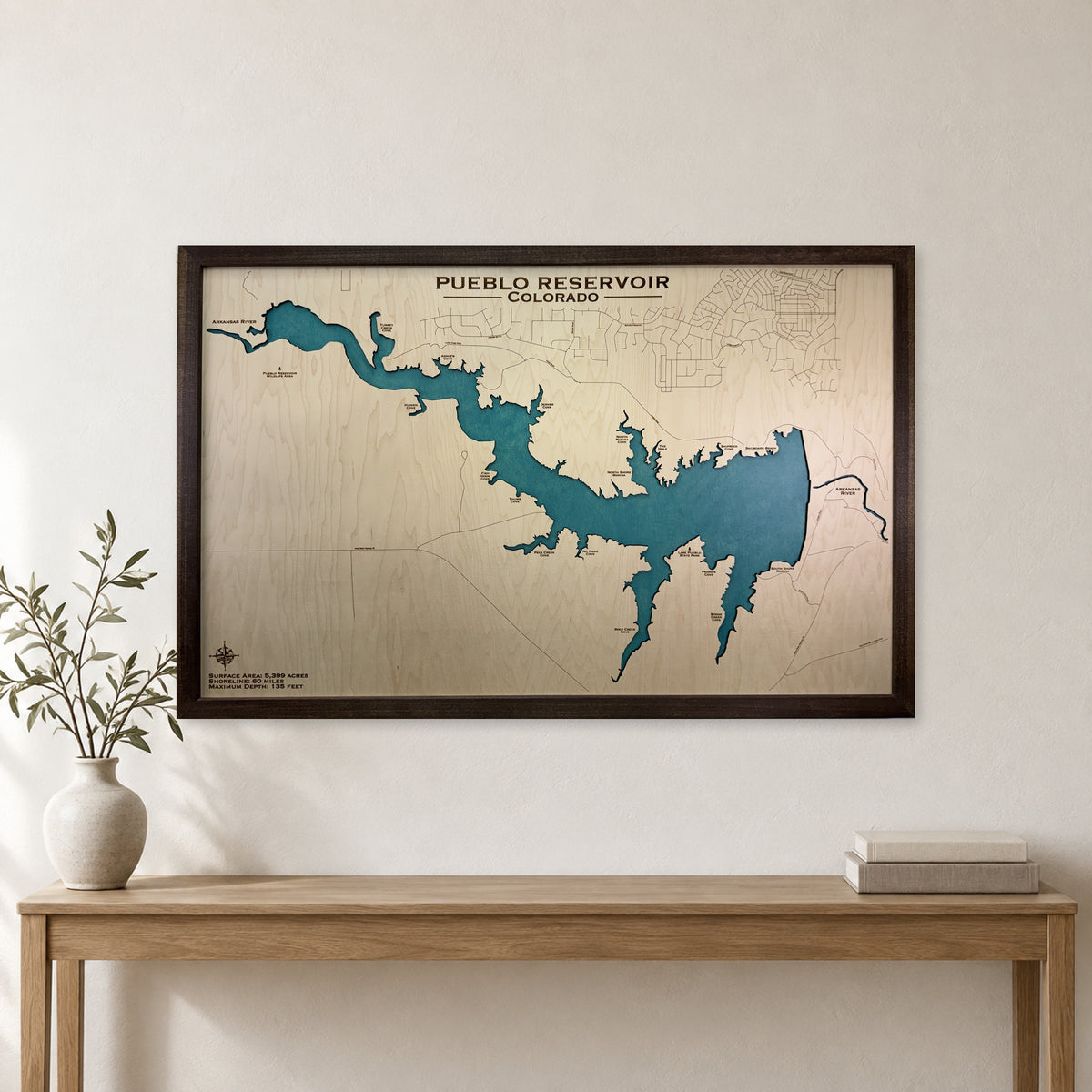 Pueblo Single wood map — single layer, staged room mockup