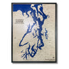 Custom map of Puget Sound with dark blue water stain and a black frame. 