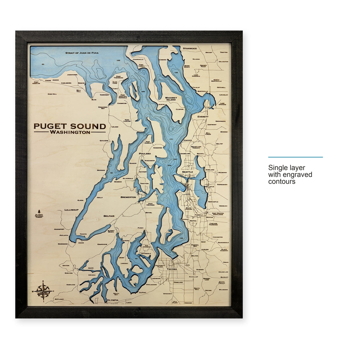 Puget Sound Engraved wood map — single layer with engraved contours, layer option shown