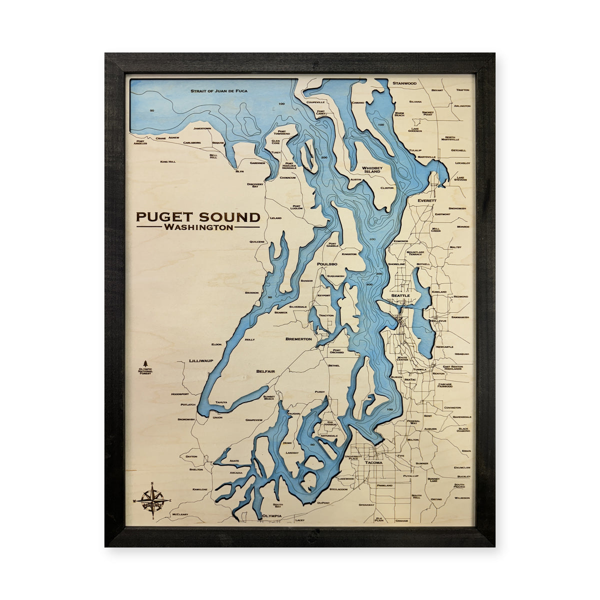 Puget Sound Engraved wood map — single layer with engraved contours, white background