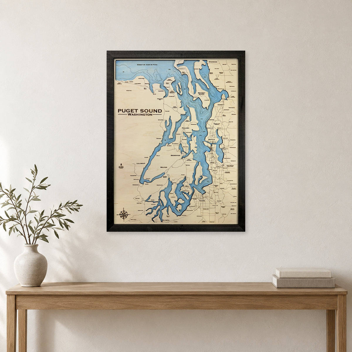 Puget Sound Engraved wood map — single layer with engraved contours, staged room mockup