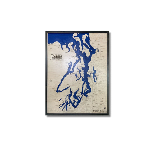 Puget Sound multilayer wooden map with black frame on a white background. 
