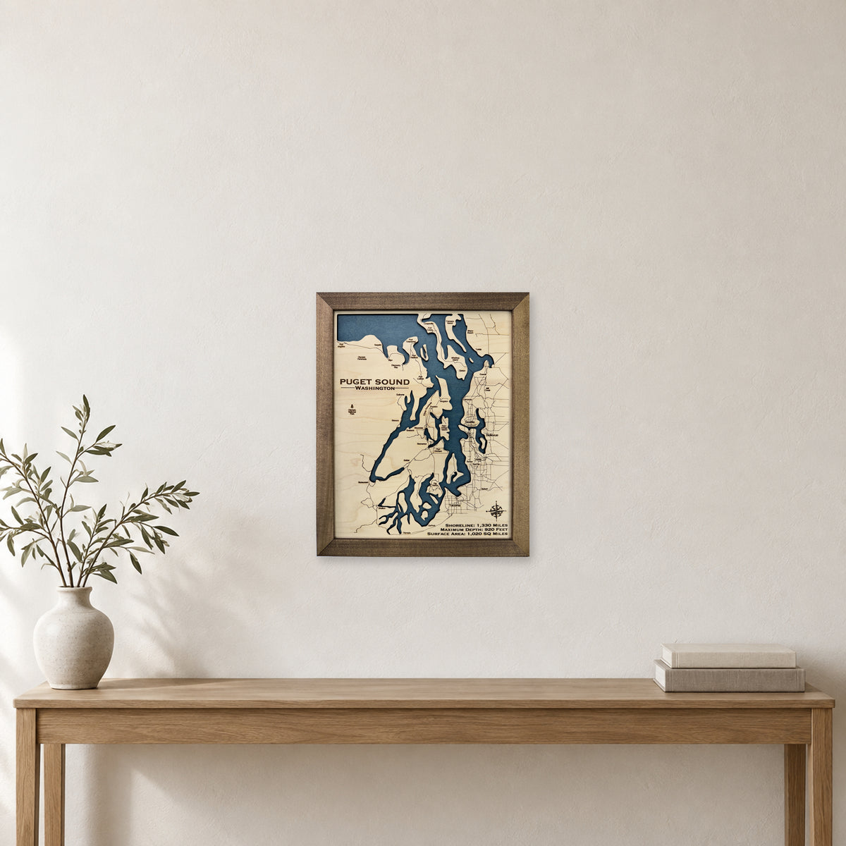 Puget Walnut Single wood map — single layer, staged room mockup