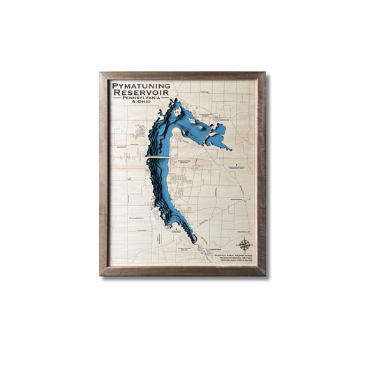 Framed  wooden map of Pymatuning Reservoir with a wooden frame on a white background