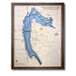 Pymatuning Lake map with light blue water stain and a walnut brown frame. 