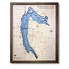 Pymatuning Lake map with light blue water stain and a walnut brown frame. 