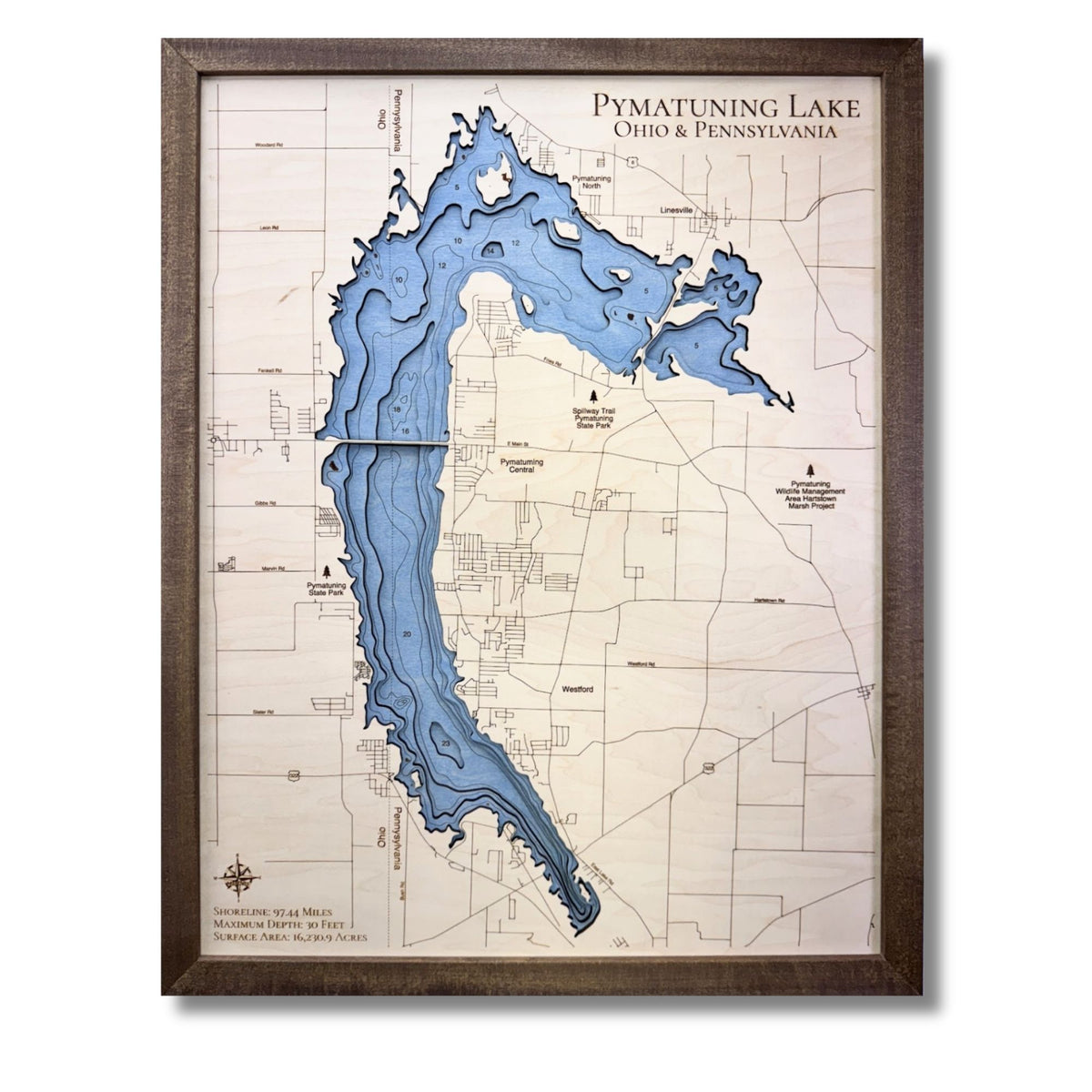 Pymatuning Lake map with light blue water stain and a walnut brown frame. 