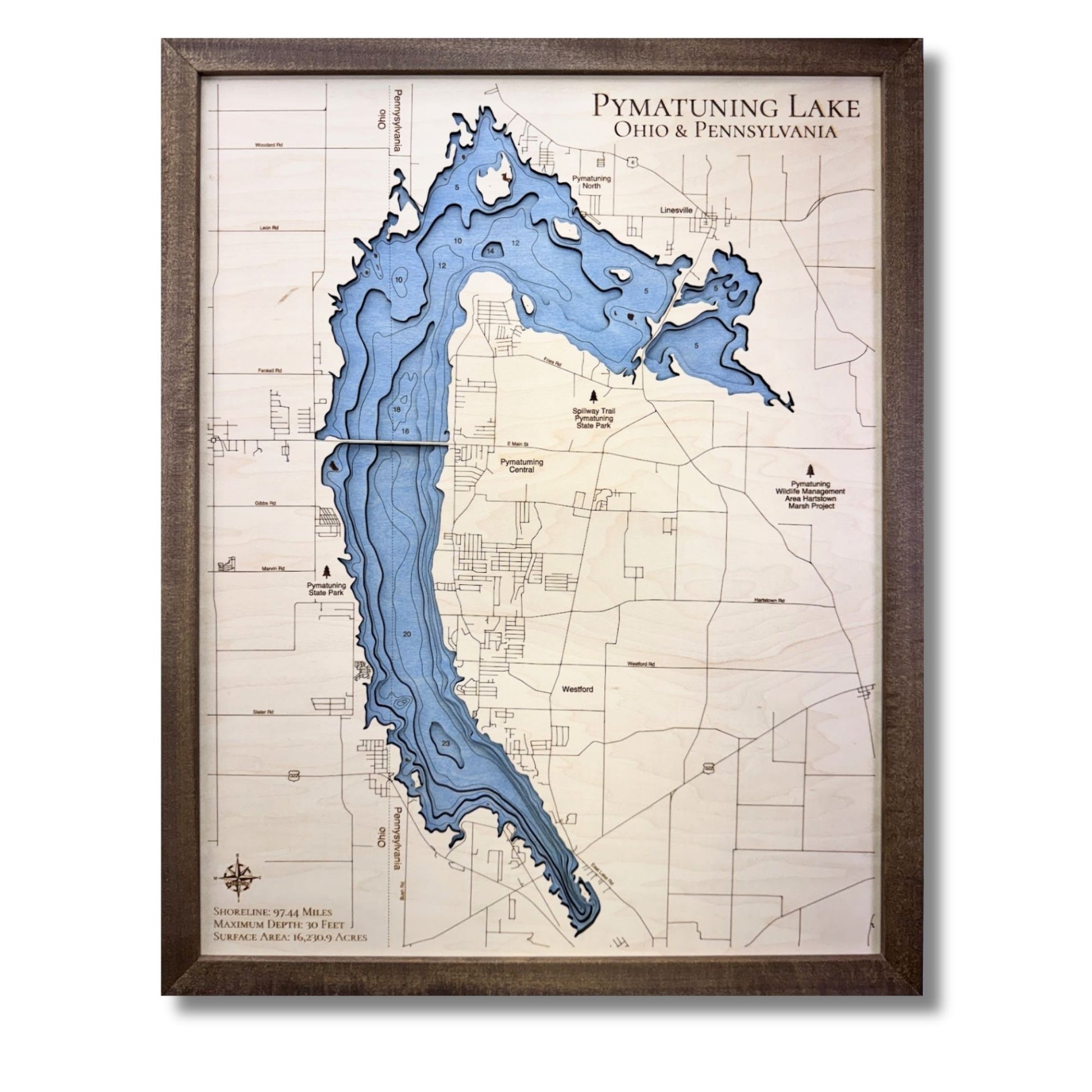 Pymatuning Lake map with light blue water stain and a walnut brown frame. 