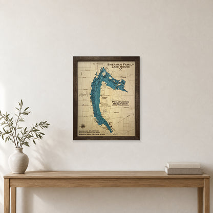 Pymatuning Sherman wood map — multilayer, staged room mockup