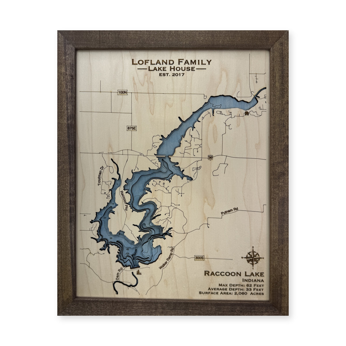 Raccoon Lofland wood map — multilayer, white background