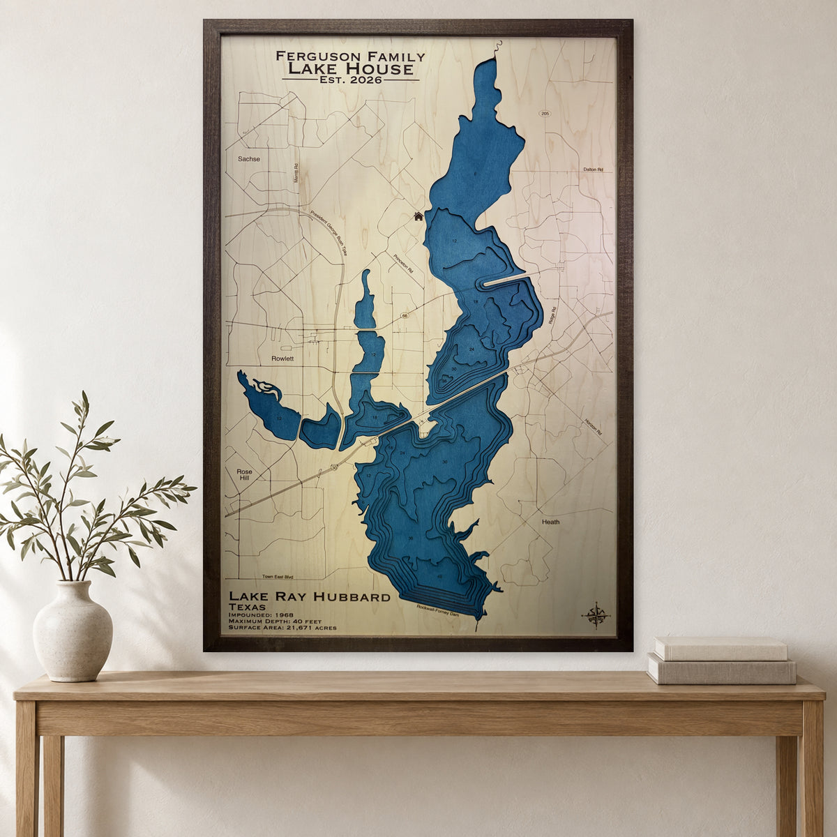 Ray Hubbard Ferguson wood map — multilayer, staged room mockup