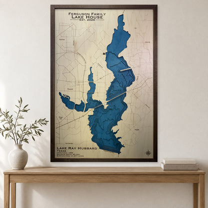 Ray Hubbard Ferguson wood map — multilayer, staged room mockup