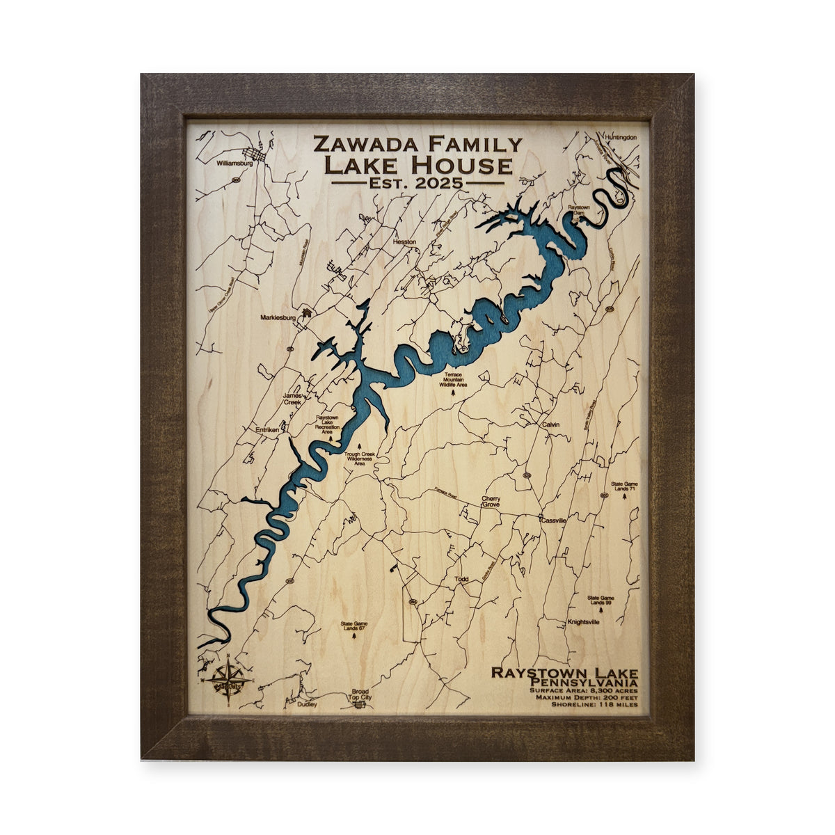 Raystown Lake Zawada wood map — single layer, white background