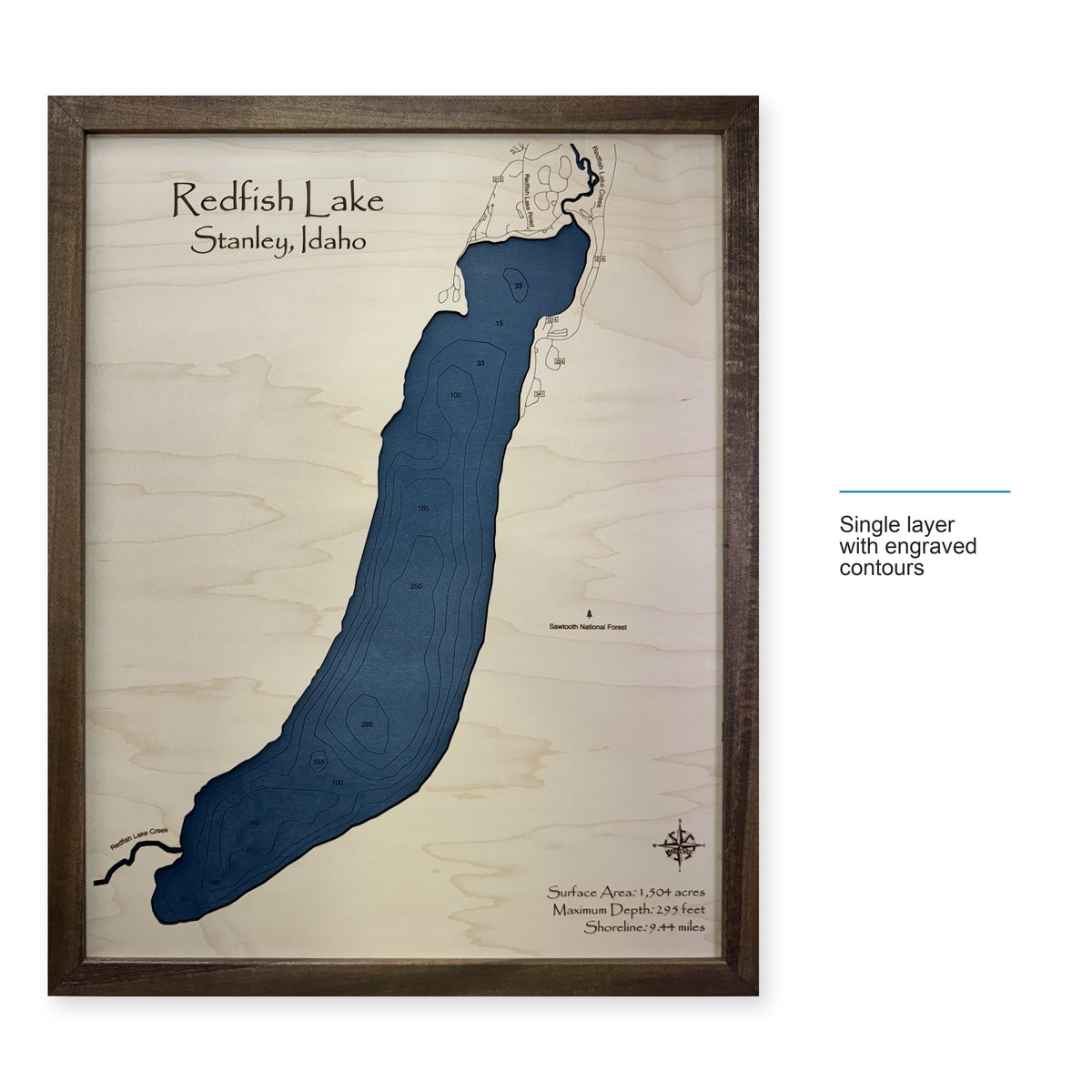 Redfish Stanley wood map — single layer with engraved contours, layer option shown