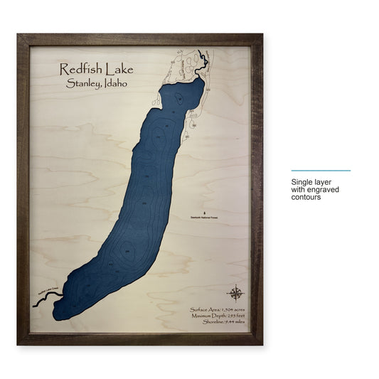 Redfish Stanley wood map — single layer with engraved contours, layer option shown