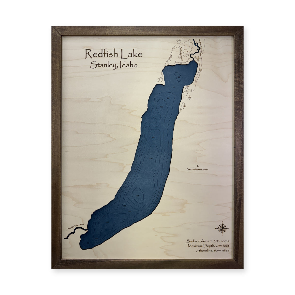 Redfish Stanley wood map — single layer with engraved contours, white background