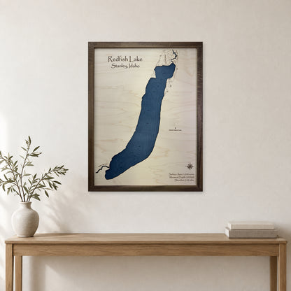 Redfish Stanley wood map — single layer with engraved contours, staged room mockup