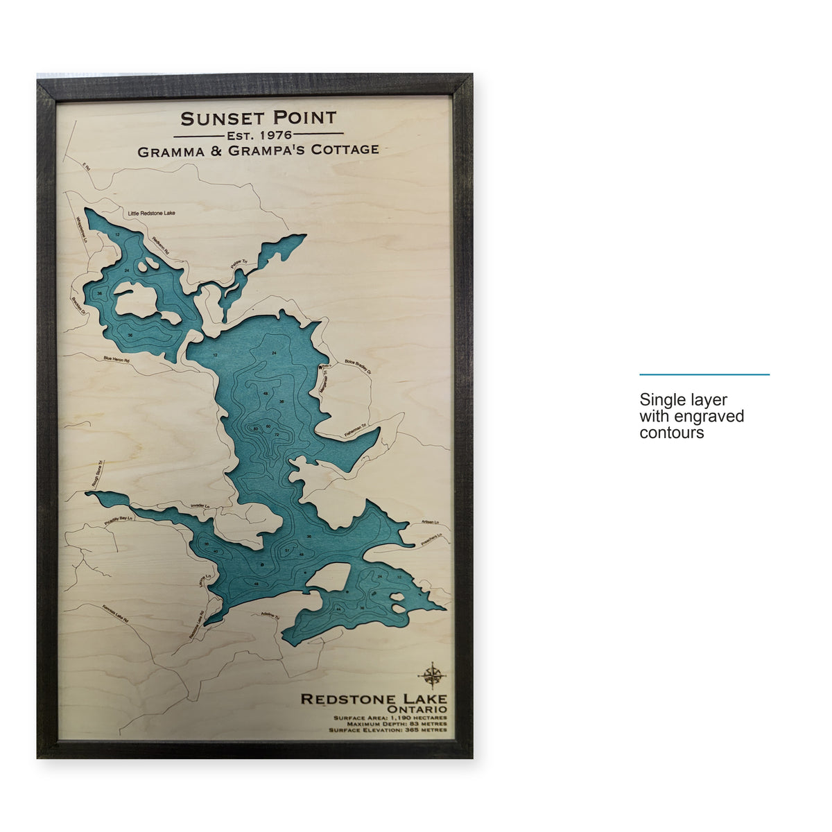 Redstone Sunset Point wood map — single layer with engraved contours, layer option shown