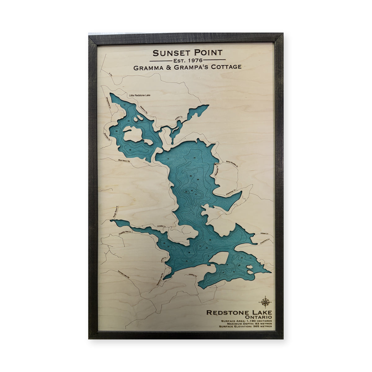Redstone Sunset Point wood map — single layer with engraved contours, white background