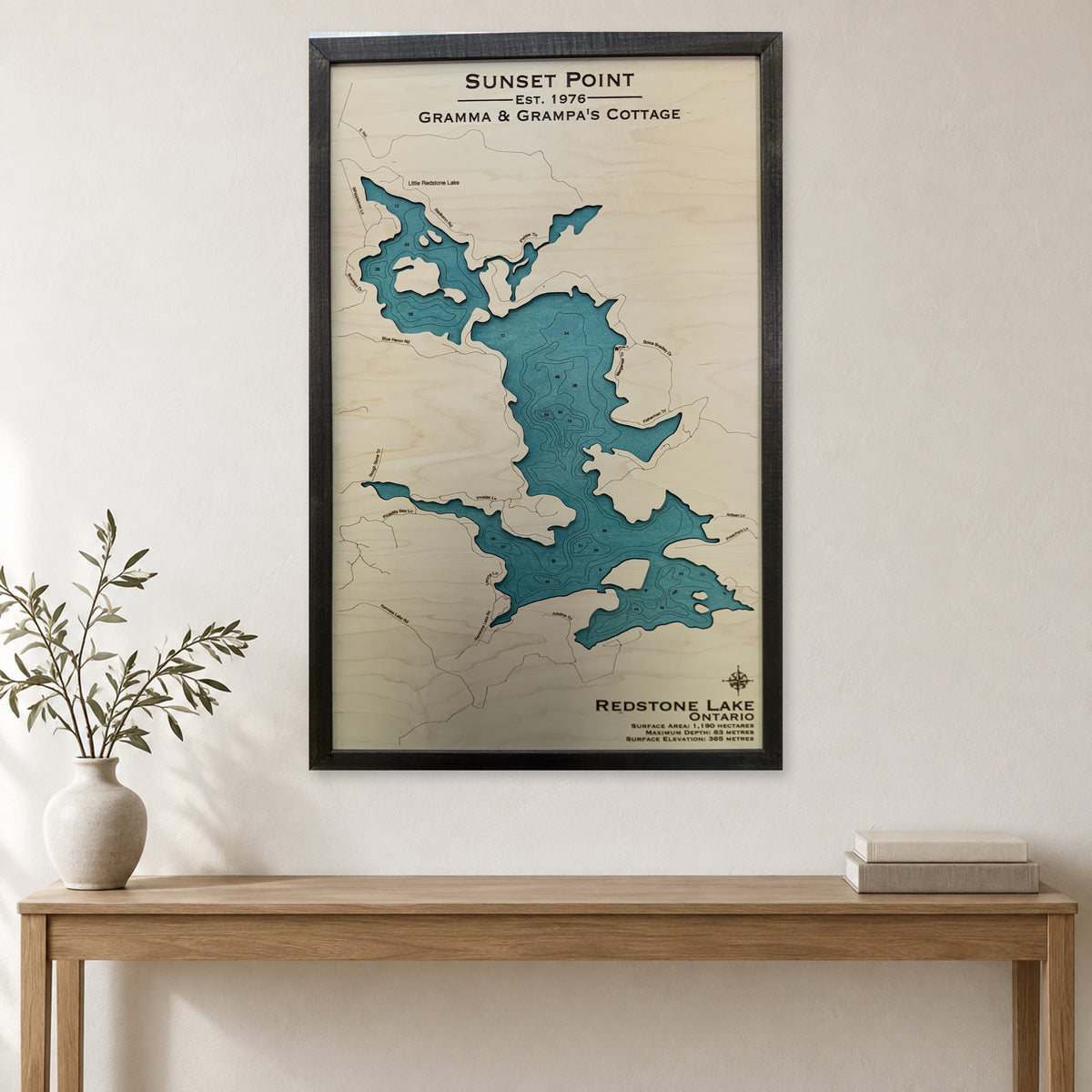 Redstone Sunset Point wood map — single layer with engraved contours, staged room mockup