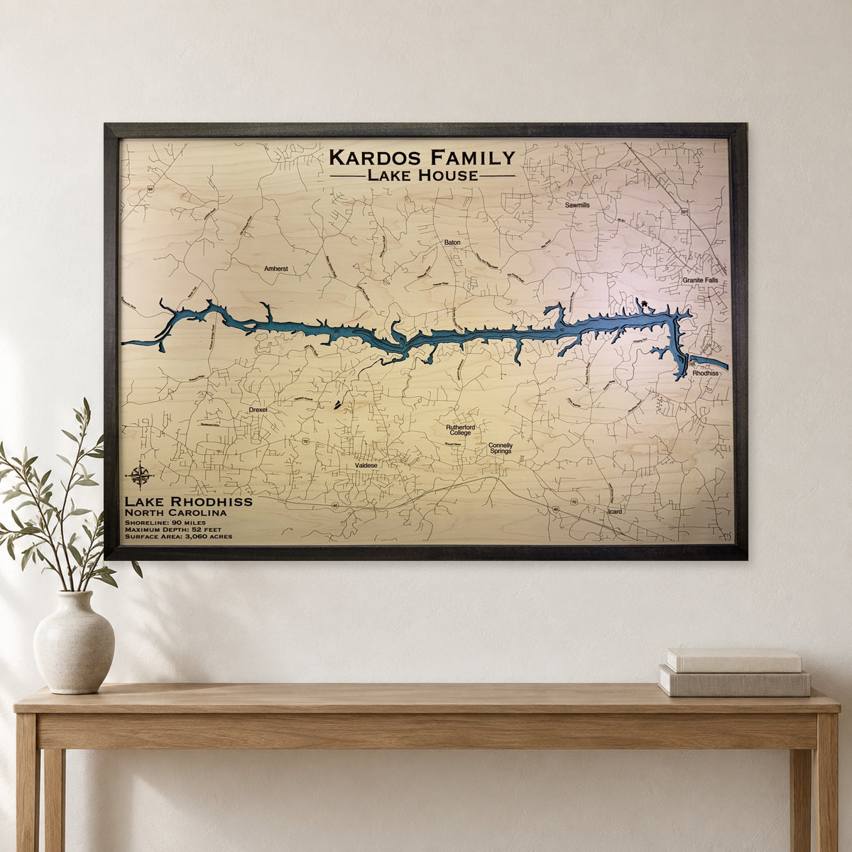 Rhodhiss Kardos wood map — multilayer, staged room mockup