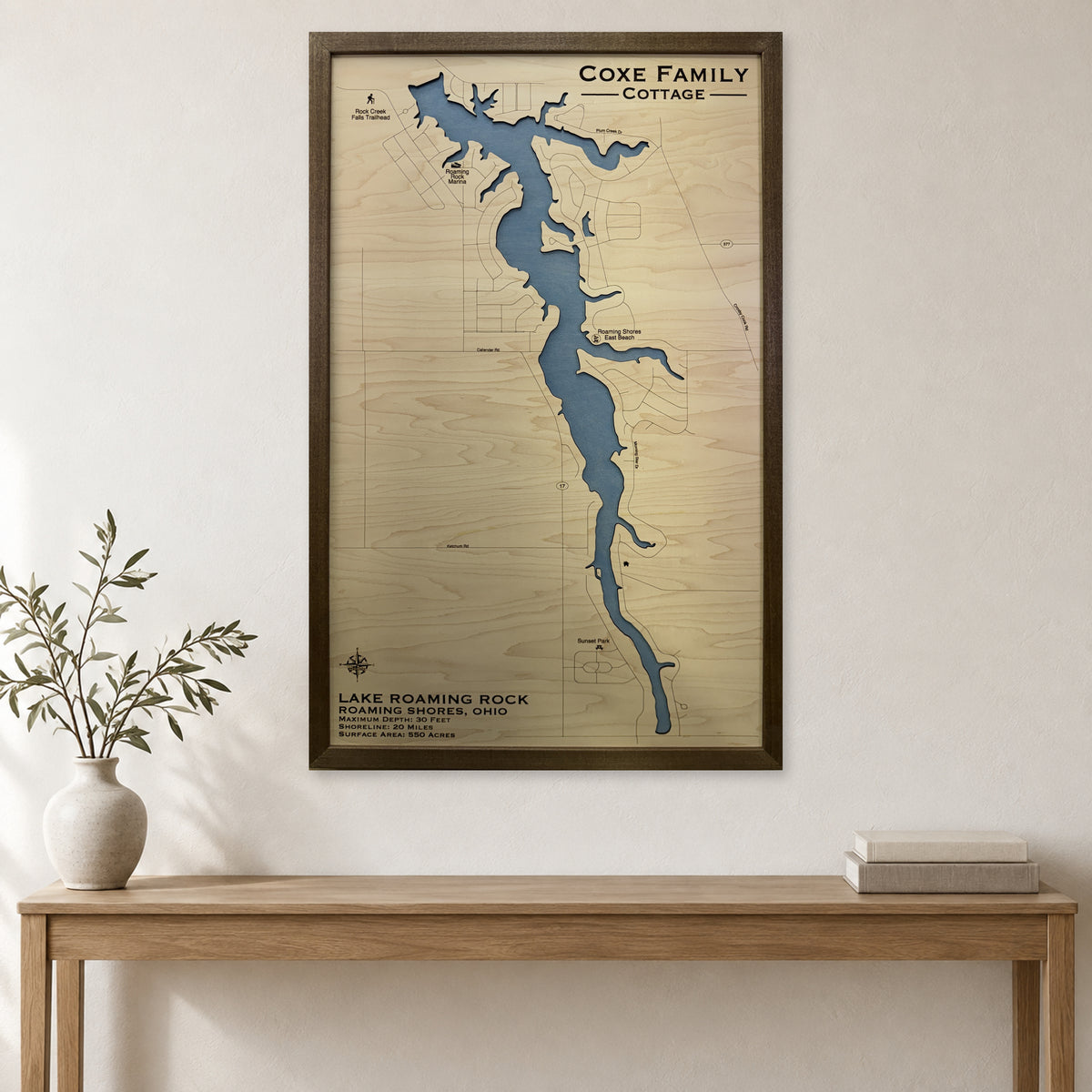 Roaming Rock Coxe wood map — single layer, staged room mockup