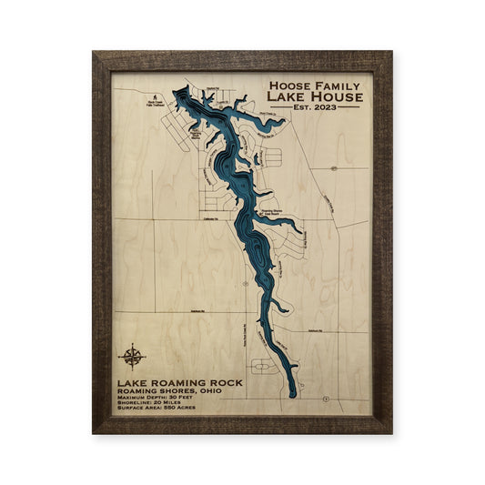Lake Roaming Rock, Roaming Shores, OH, Wood Map — multilayer example, on a white background