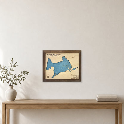 Rockabema Lake wood map — single layer with engraved contours, staged room mockup