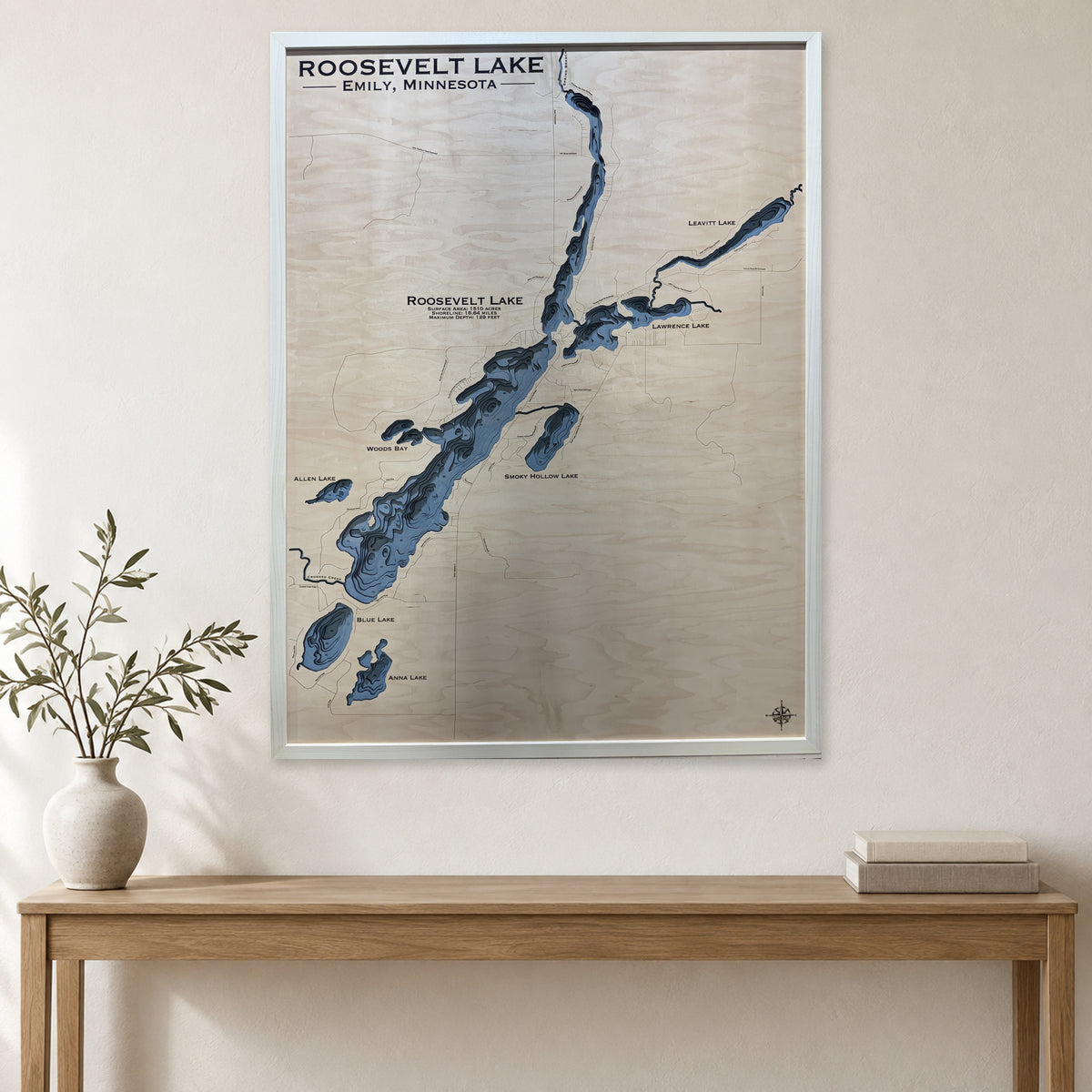 Roosevelt Emily wood map — multilayer, staged room mockup
