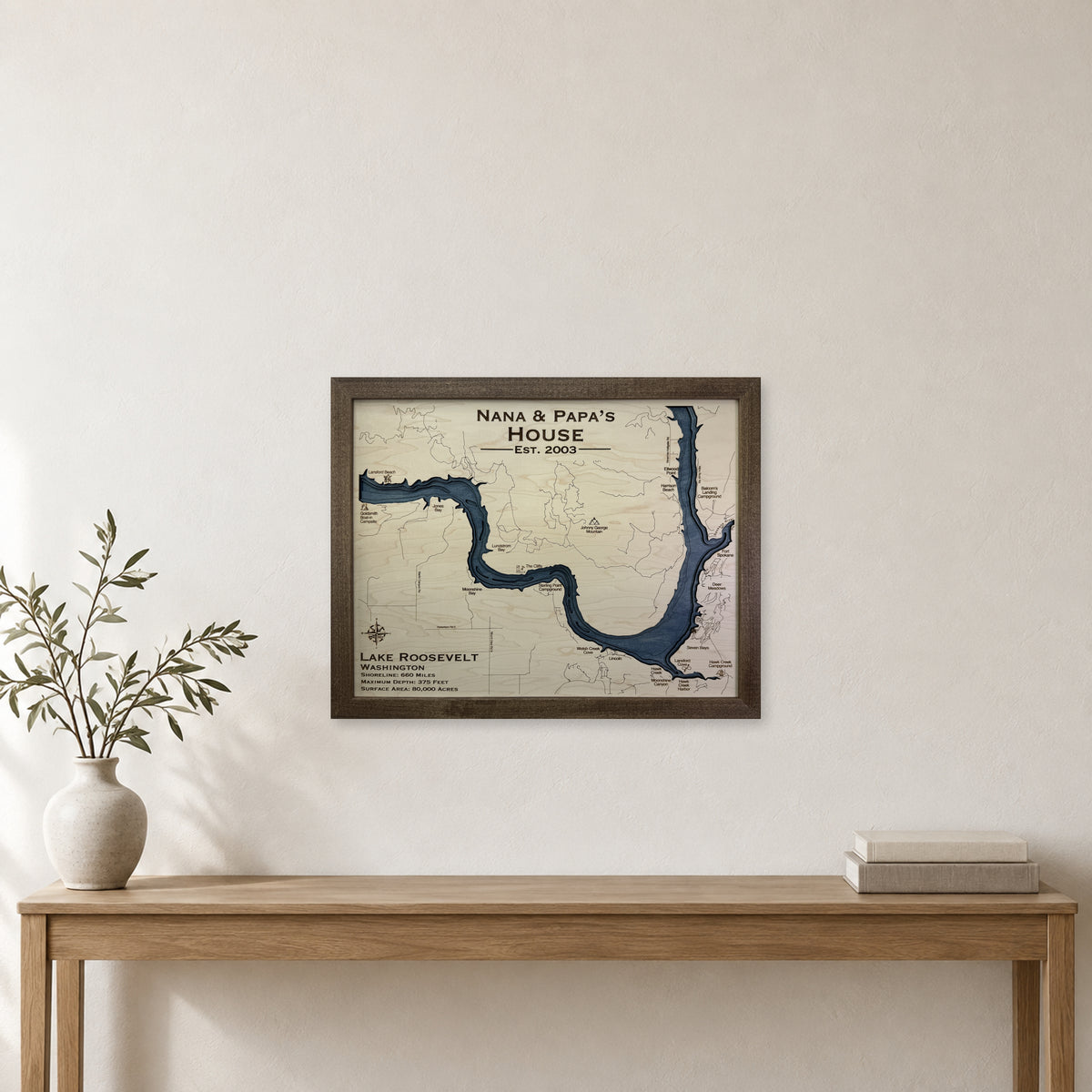 Roosevelt Nana Papa wood map — multilayer, staged room mockup