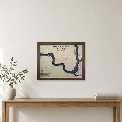 Roosevelt Nana Papa wood map — multilayer, staged room mockup