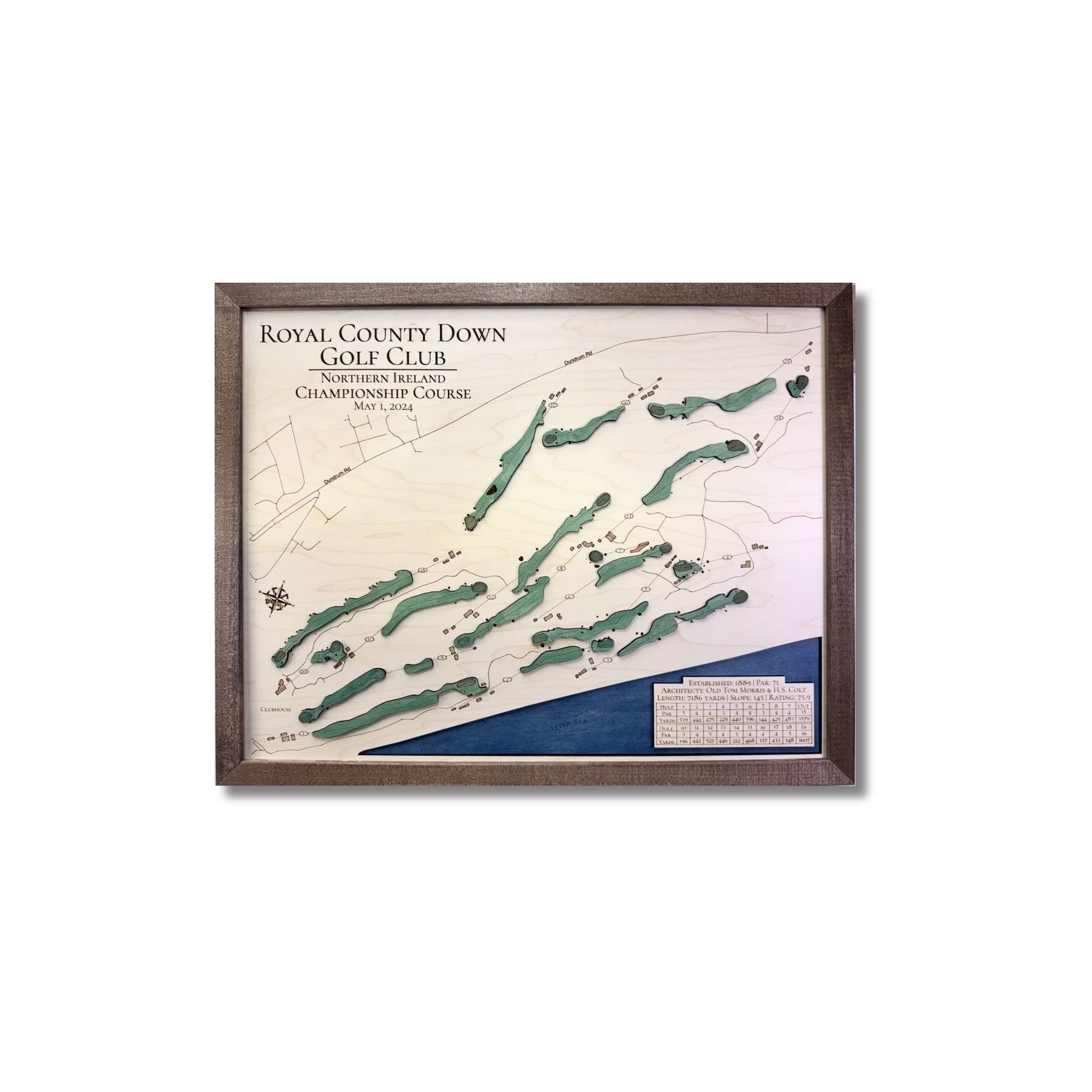 Framed wooden golf map of Royal County Down Golf Club on a white background.