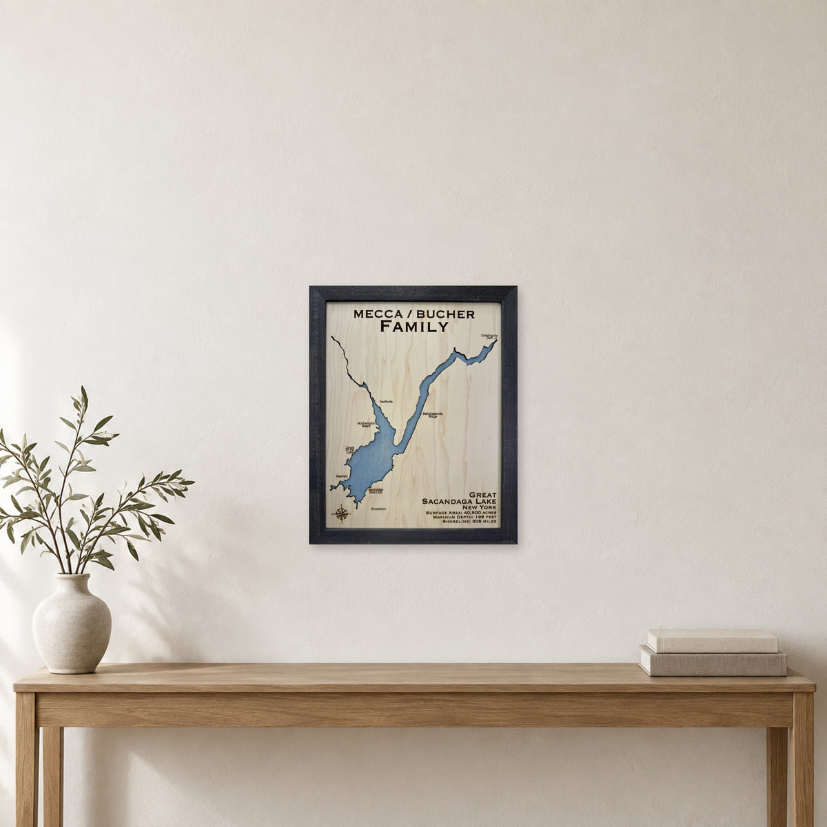 Sacandaga Mecca Bucher wood map — single layer, staged room mockup