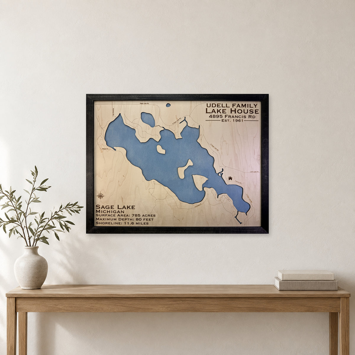 Sage Udell wood map — single layer, staged room mockup