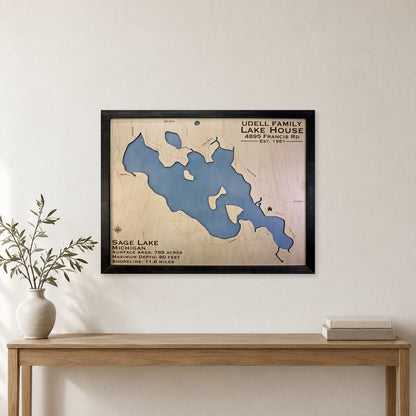 Sage Udell wood map — single layer, staged room mockup