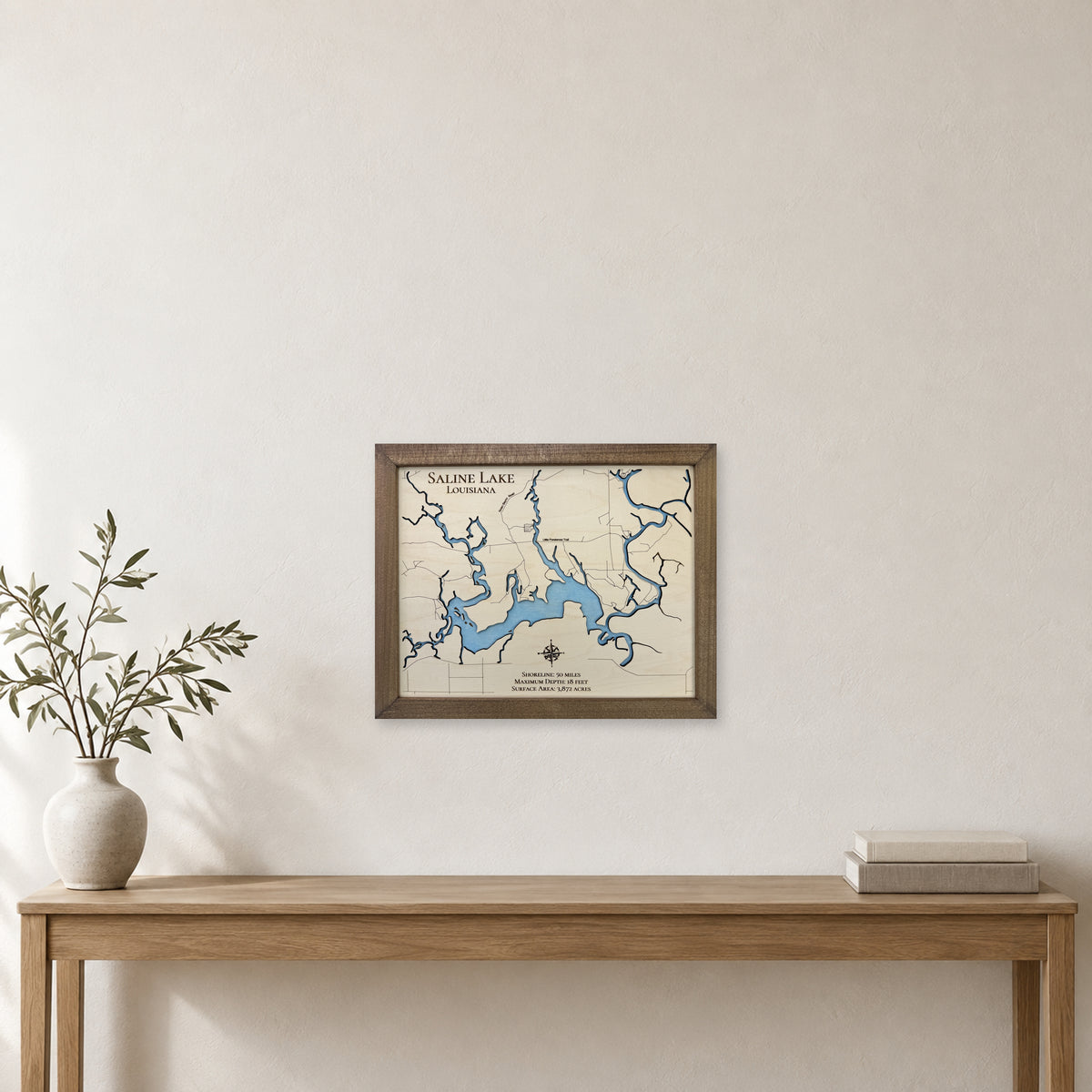 Saline Louisiana wood map — single layer, staged room mockup
