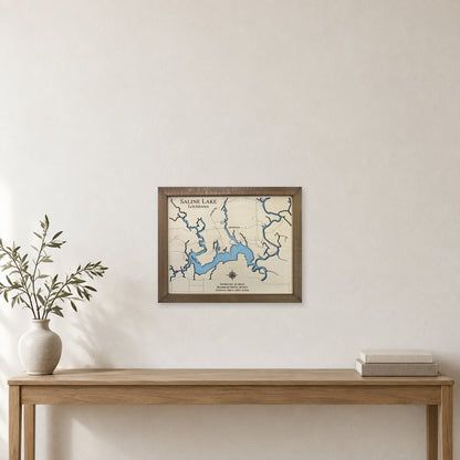 Saline Louisiana wood map — single layer, staged room mockup