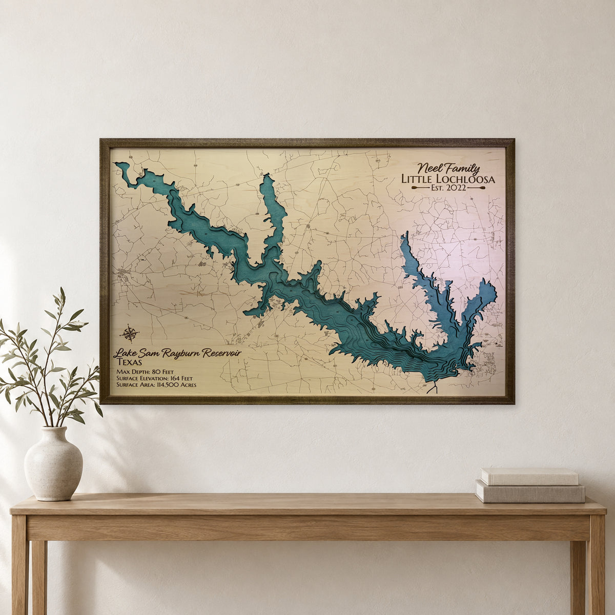 Sam Rayburn Neel wood map — multilayer, staged room mockup