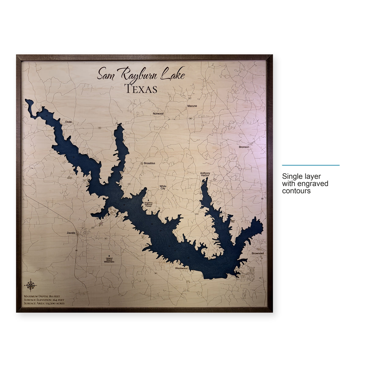 Sam Rayburn Square wood map — single layer with engraved contours, layer option shown