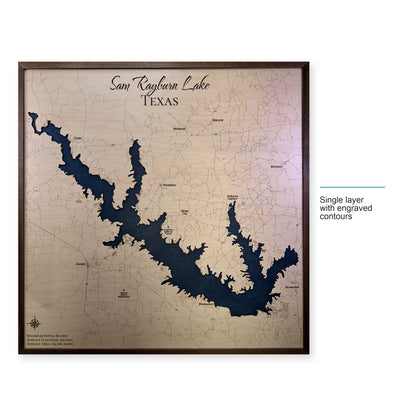 Sam Rayburn Square wood map — single layer with engraved contours, layer option shown