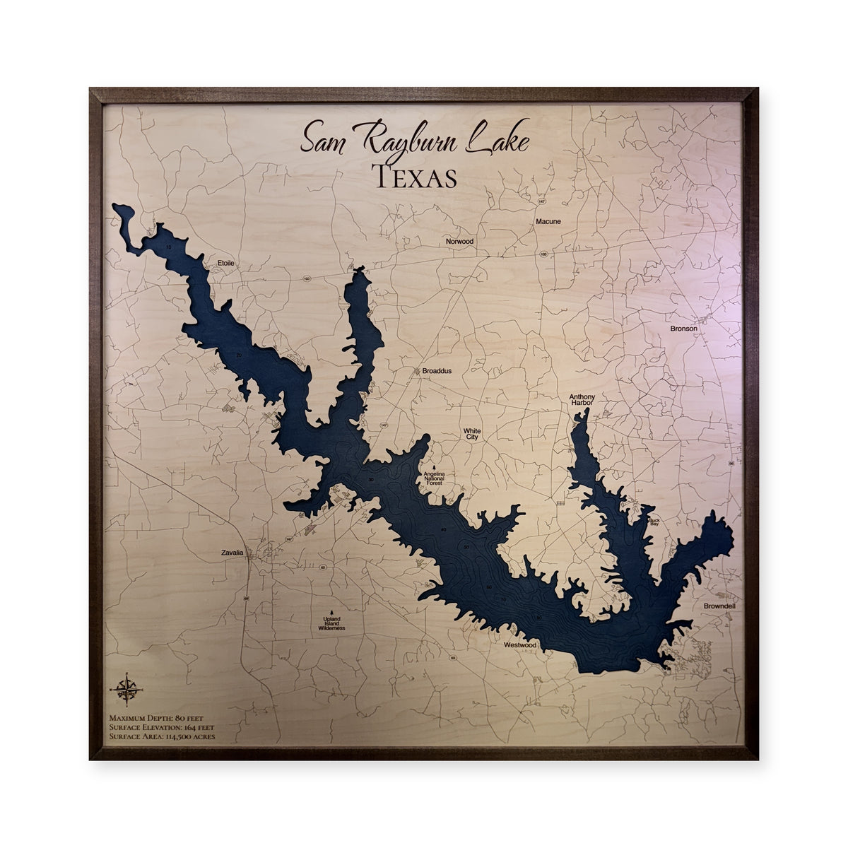 Sam Rayburn Square wood map — single layer with engraved contours, white background