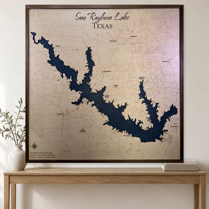 Sam Rayburn Square wood map — single layer with engraved contours, staged room mockup