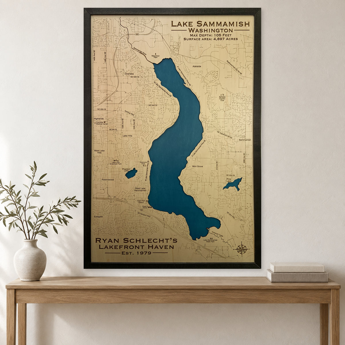 Sammamish Schlecht wood map — single layer, staged room mockup