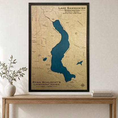 Sammamish Schlecht wood map — single layer, staged room mockup