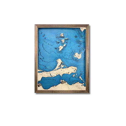 Multi water layer wooden map of Lake Erie islands and Sandusky Bay with walnut brown frame. 