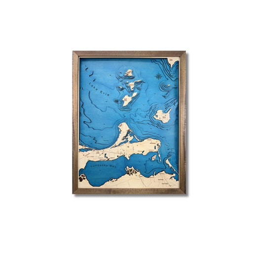Multi water layer wooden map of Lake Erie islands and Sandusky Bay with walnut brown frame. 