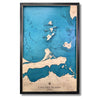Multilayer Lake Erie Islands map with bright blue water stain color and a black frame. 