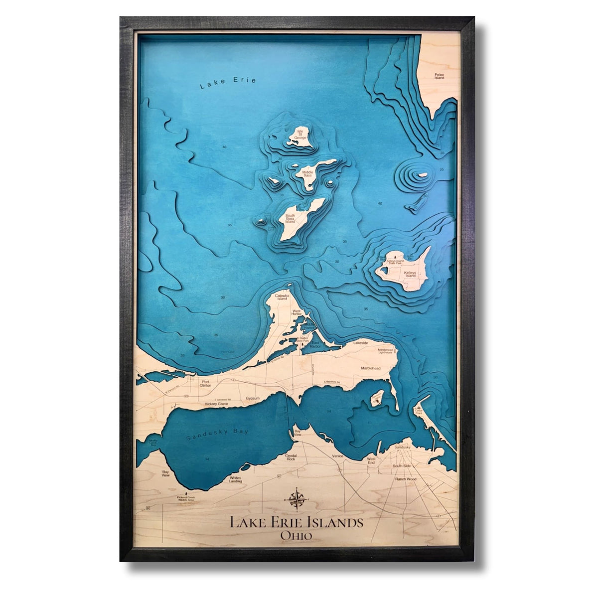 Multilayer Lake Erie Islands map with bright blue water stain color and a black frame. 